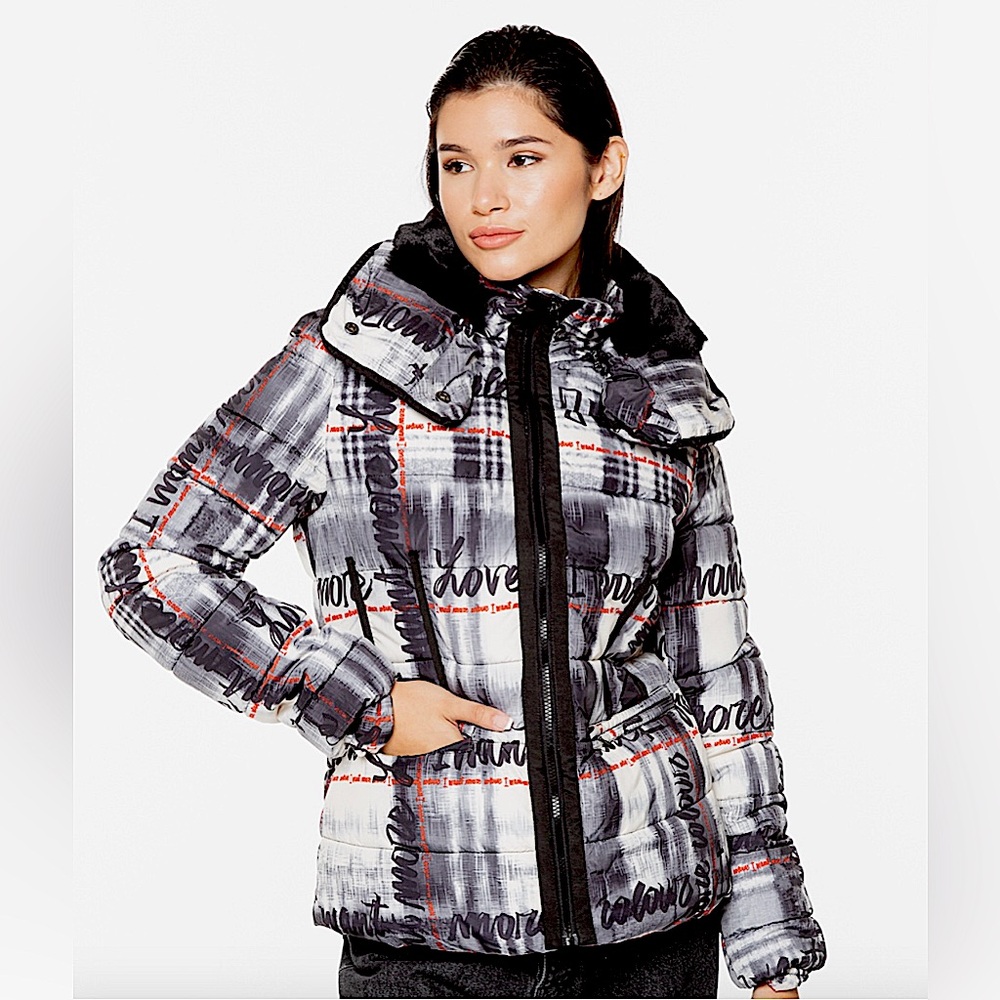 NEW Desigual Sigrun jacket Padded Tartan Lettering US Sz 2/4 Small NWT